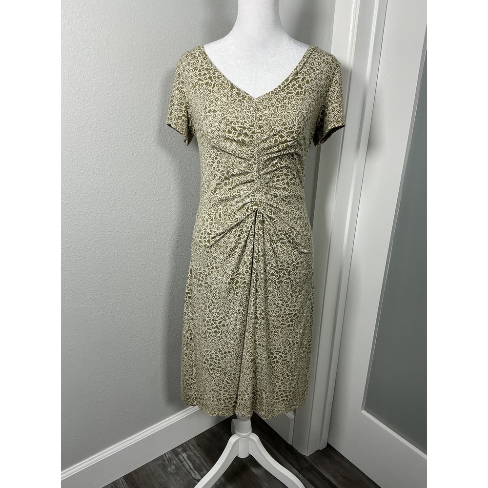 Athleta Honey Printed Ruched V-Neck Dress Olive Green Mosaic Size S